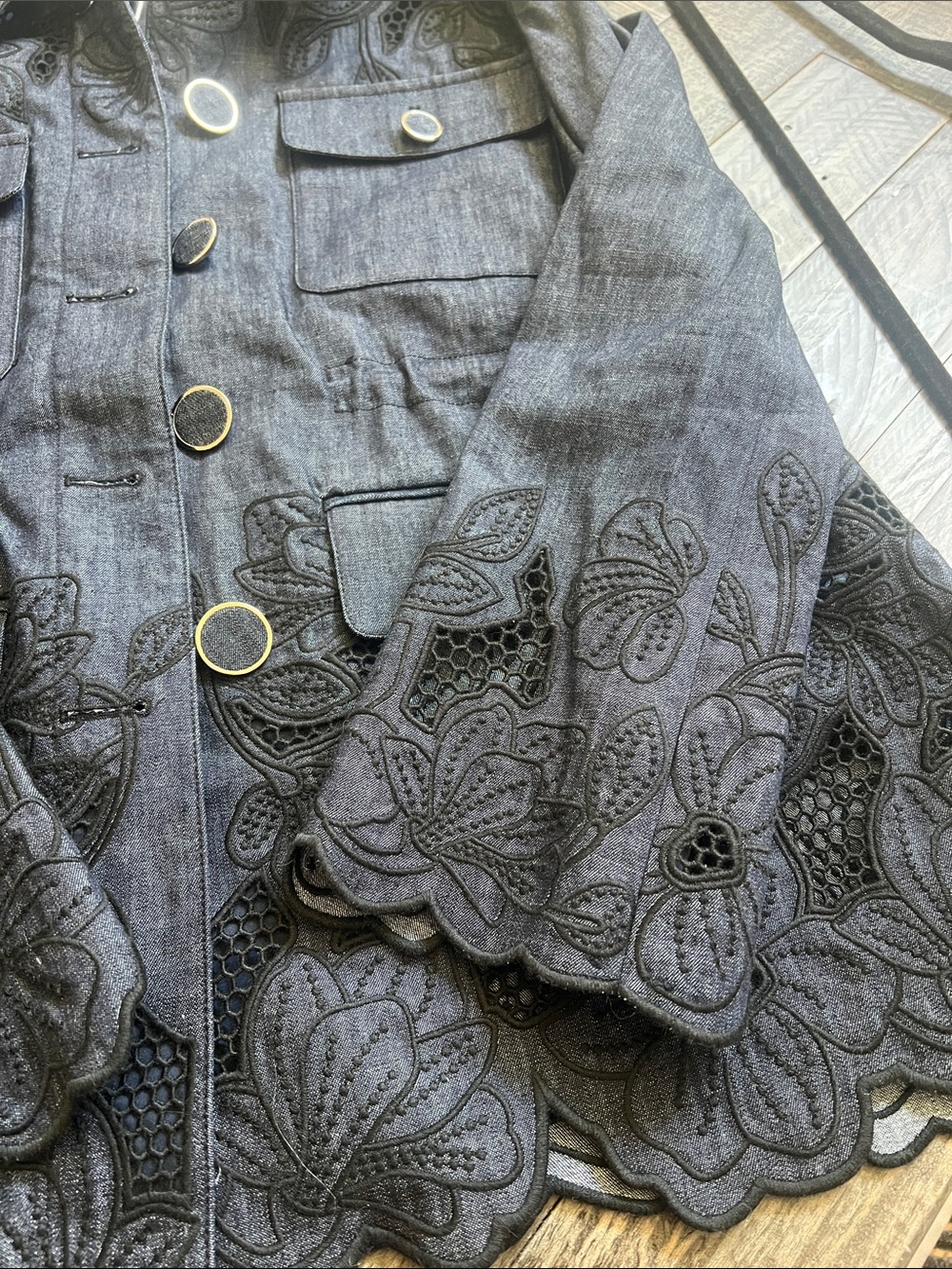 Veronica Beard Black Floral Embroidered Button-Up Jean Jacket - Picture 3 of 14